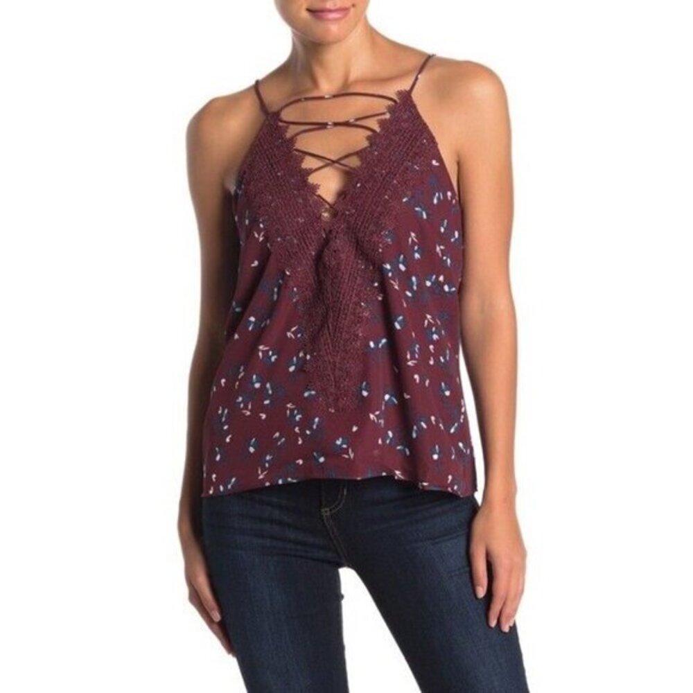 Wayf Tank Top Posie Lace Floral Print Strappy Cami Burgundy Top SZ M New $55